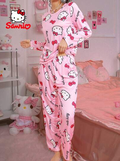  Pajamoom Sanrio 2 Pieces Women's HelloKitty,Hello Kitty Pajamas,Pink Pajamas,Letter&Bow Print,Long Sleeved&Pants Sleepwear,Cute Sleep Set,Loungewear Set