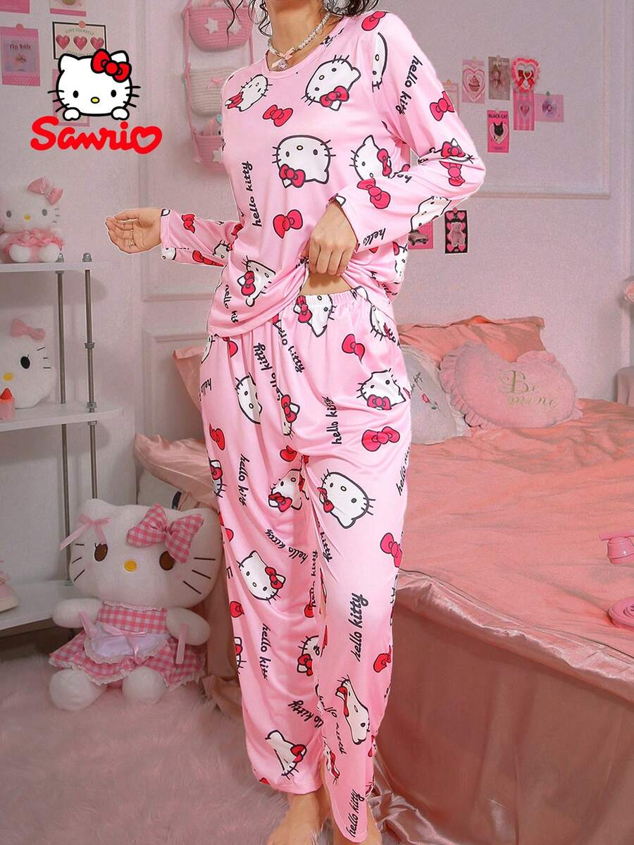 Sanrio 三丽鸥两件套女士Hello Kitty睡衣，粉色Hello Kitty睡衣，字母蝴蝶结印花，长袖长裤睡衣套装，可爱睡衣套装，家居服套装 - 粉色 - 查看 1