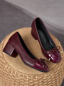 Mahogany Patent Two-Tone Textured Square Toe Bow Block Heel Pumps – 5cm - Redwood - View 2