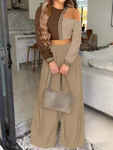 Casual Style Slim Stitching Printing Long-Sleeved Round Neck T-Shirt Shirt Woven Straight Trousers Ladies Summer Clothing Two Pieces Suit