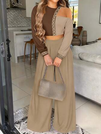 Casual Style Slim Stitching Printing Long-Sleeved Round Neck T-Shirt Shirt Woven Straight Trousers Ladies Summer Clothing Two Pieces Suit