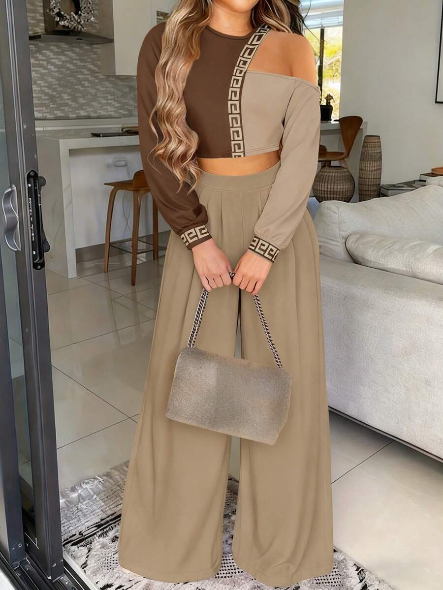 休闲修身印花长袖圆领T恤衬衫搭配梭织直筒裤女士夏季两件套