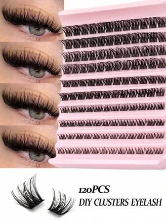 120 st D-Curl-ögonfransar i kluster, 8-16 mm blandade längder, fluffiga, mjuka och spetsiga, bekväma individuella fransar, för daglig makeup, förlängning, gör-det-själv-fransar