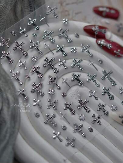 1 szt. metalowa naklejka na paznokcie, ciemny, vintage'owy, ekskluzywny wzór krzyża, samoprzylepna naklejka 3D na paznokcie DIY, artykuły do paznokci