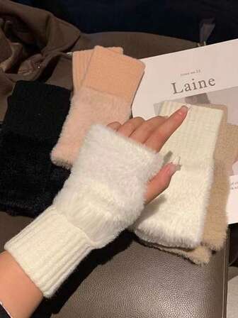 1 Pair New Mink Cashmere Half Finger Gloves, Women's Warm, Soft, Luxurious Solid Color Fuzzy Knitted Fingerless Gloves, Warm Wool Half Finger Gloves, Women's Winter Fuzzy Knitted Hand Warmers, Wrist Exposed Finger Tips, Multi-Function Touchscreen, Office, Student Writing