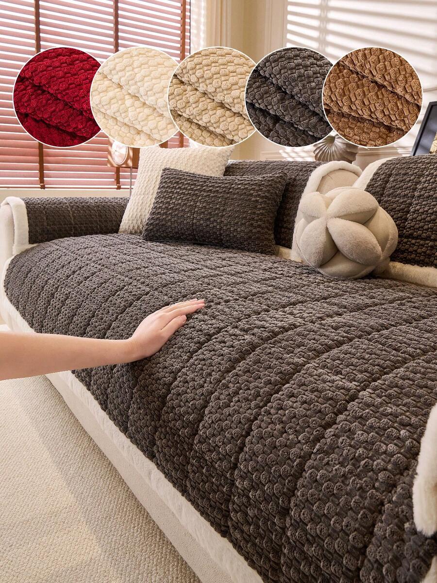 1pc Solid Color Quilted Plush Sofa Cover, Warm And Thick For Winter, White Plush Trim, Minimalist Modern Style, Suitable For Bedroom, Living Room, Office Home Decor, Fits Single, Loveseat, 3-Seater, 4-Seater And Sectional Sofas - Dark Grey - View 1