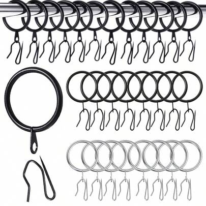 10/30/50pcs Metal Curtain Rings With Sharp Hooks, Hanging Rings And Curtain Hooks, Window Shower Rings, 38mm/1.49 Inch Diameter (Black, Silver)