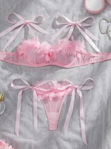 2pcs Sexy Lingerie Set For Women, Includes Sheer Mesh Floral Lace Bra And Strappy Garter Panty, Suitable For Valentine's Day, Private Parties, Intimate Occasions, And Gifts