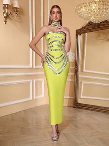 Đầm vàng thanh lịch Love Aing dành cho nữ, được làm thủ công với họa tiết đính đá acrylic, xẻ tà sau, thích hợp cho tiệc chiêu đãi, liên hoan, các dịp trang trọng, và làm váy dự tiệc cưới. - Màu vàng - Xem 3