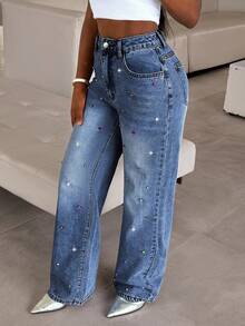 Quần jeans nữ dáng suông màu xanh dương trung bình, đính pha lê kiểu cổ điển, chất liệu cotton - Thanh lịch cho tiệc tùng và trang phục thường ngày, phong cách mùa xuân năng động. - Rửa trung bình - Xem 4