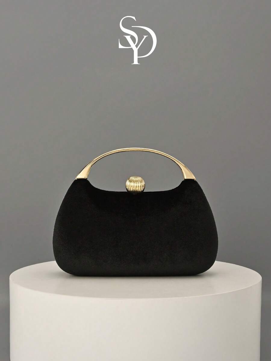 SHENGDAYU 女士复古时尚黑色丝绒手拿包，金属腕带设计，欧美风格，高端简约方形手提包，适合婚礼、晚宴、正式活动、派对等场合，可作单肩包使用，配有高品质链条肩带。 - 黑色 - 查看 1