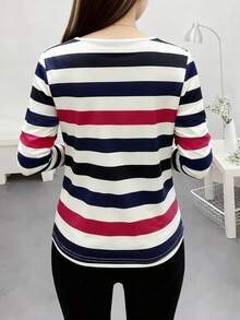 女士休闲圆领宽条纹印花 T 恤 - 彩色 - 查看 2