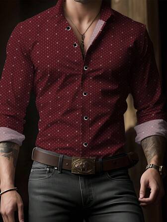 Camisa blanca de hombre con estampado geométrico, ajuste slim de manga larga con cuello y abotonadura, adecuada para primavera, verano y otoño, elegante y de moda para negocios y ocasiones formales, hecha de poliéster
