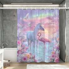1pc Flamingo Pattern Shower Curtain Set, Pink Bird Tropical Jungle Theme Nature Decor Fabric Bathroom Curtain With Hooks, 72 X 72 Inches, Polyester Material