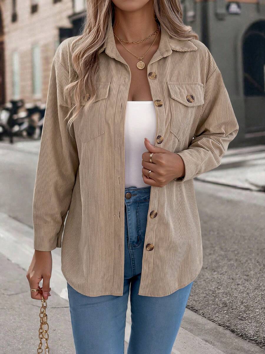 Autumn/Winter Casual Women's Corduroy Lantern Sleeve Long Sleeve Jacket - Khaki - View 1