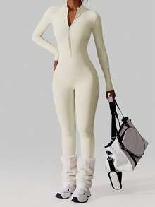 MFVIM Women's Cream White Thermal Ski Jumpsuit, Half-Zip Stand Collar Design, Slim Fit, Abdominal Control, Breathable Soft Fabric, Casual Sports, Running, Fitness, Suitable For Skiing, Commuting, Outdoor, Running, Cycling, Yoga, Pilates, Gym Workout