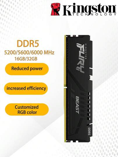  Memoria RAM Kingston FURY Beast DDR5 de 16GB o 32GB a 5200MHz, 5600MHz o 6000MHz para escritorio, compatible con AMD e Intel