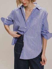 Camisa de manga larga con botones y rayas elegante para mujer LuminousWealth - Cuello clásico, adecuada para primavera/verano/otoño, moda diaria - Multicolor - Ver 6