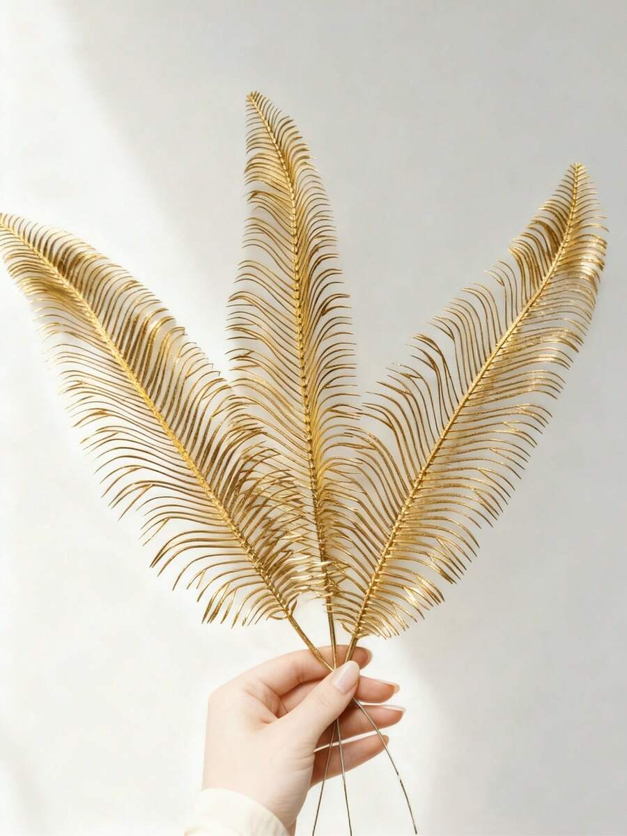 3pcs Gold Glitter Artificial Plants, Realistic Gold Fern Leaves, Fake Plants, Suitable For Flower Arrangements, Chinese New Year And Valentine's Day Gifts, Valentine's Day Decorations, Wedding Decorations, Home Decor, Room Decor, And Wall Decor. Valentine's Day Gold Room Decor And Room Accessories. - Gold - View 1