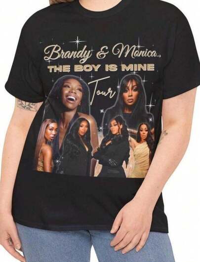 Women's Brandy And Monica The Boy Is Mine Tour Short Sleeve Round Neck Casual T-Shirt Regular Length Slight Stretch Knitted Fabric