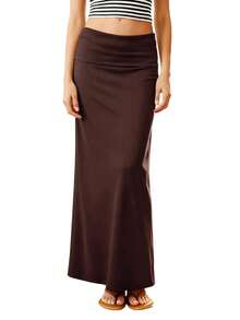 Women Foldover Long Straight Skirt Solid Color Low Rise Bodycon Skirt For Daily Office Party - 摩卡棕 - 查看 1