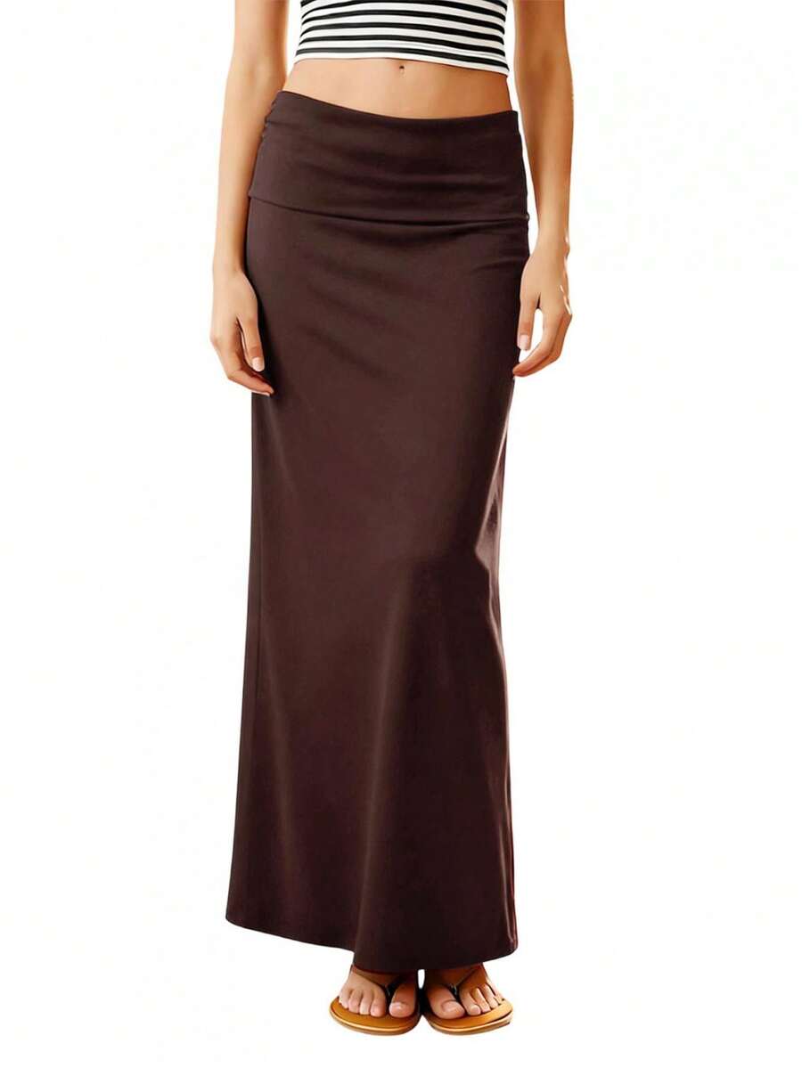 Women Foldover Long Straight Skirt Solid Color Low Rise Bodycon Skirt For Daily Office Party - 摩卡棕 - 查看 1