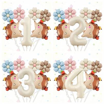 Hedgehog & Flower Number Balloon Set, Includes Hedgehog, Flower, Cream-Colored Number Foil Balloons, Suitable For Birthday, Baby Shower, Animal Theme Party, 1st Birthday, Anniversary