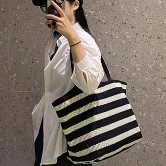 2026 Spring/Summer New Arrival Niche Striped Canvas Bag, Black & White Color Block Women's Handbag, Wide Strap Tote Bag, High-End Sense, Large Capacity, Shoulder Bag, Minimalist Design