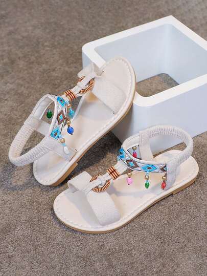 1 Pair Girls Beaded Decor Slip-On Flat Sandals, Soft Sole Non-Slip Slip-On Roman Style Cute Open Toe Sandals, Princess Style, Suitable For Summer