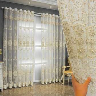 1 st. lyxig vintage broderad pärlgardin med transparent gardin, upphängd, lämplig för vardagsrum, sovrum, kök, balkong, fönsterdekor