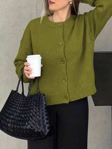 Knit Mix Elegant Women's French Loose Knit Cardigan, Christmas, Thanksgiving, New Year , Fashionable Long Sleeve Crew Neck Sweater, Casual Solid Color Cardigan For Autumn/Winter - Dark Green - View 5