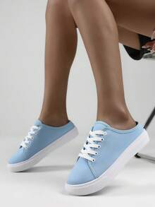 Women's Solid Canvas Slippers, Platform Round Toe All-Match Lace Up Breathable Slip On Shoes, Women's Footwear - Blue - View 1