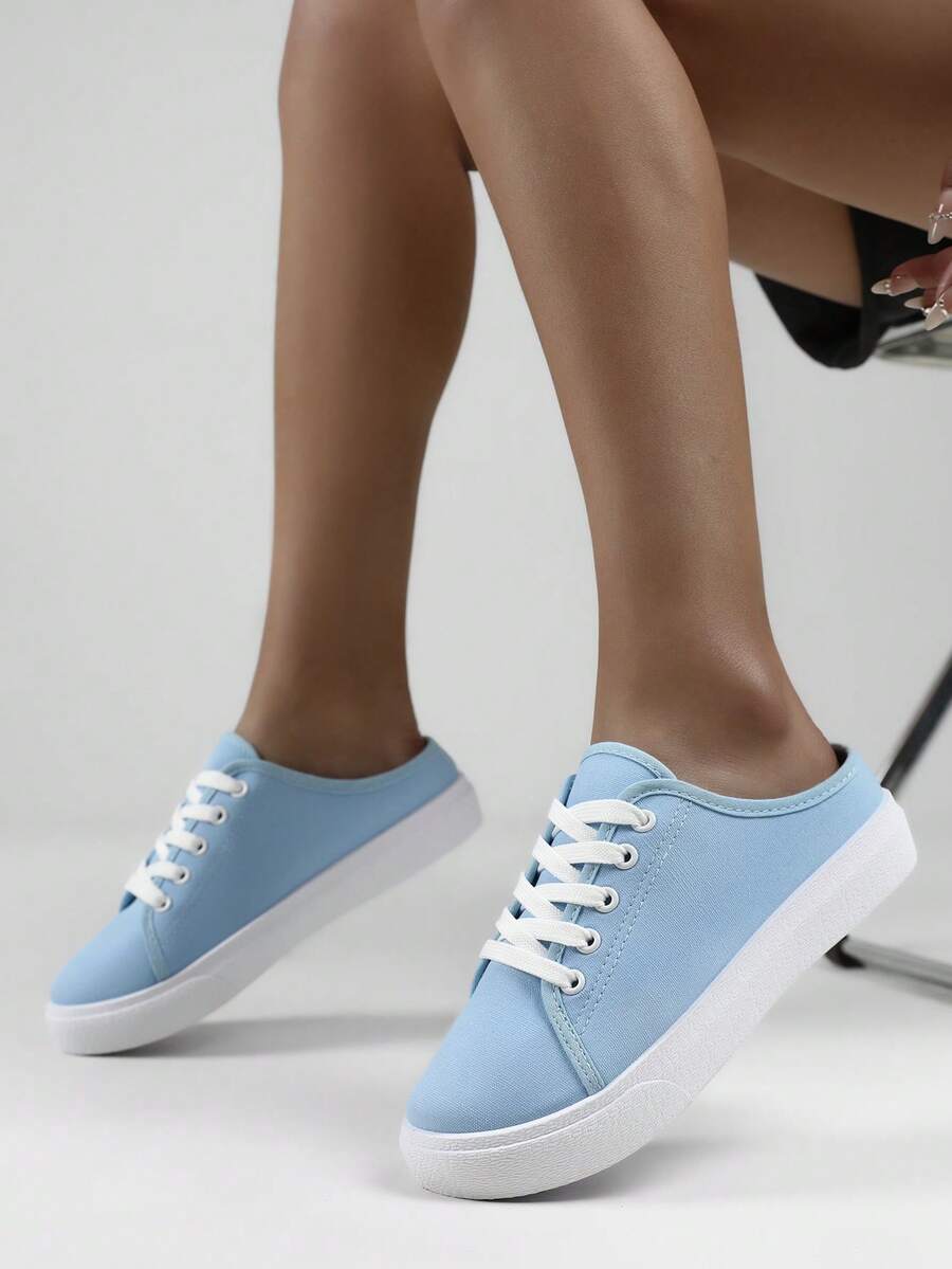 Women's Solid Canvas Slippers, Platform Round Toe All-Match Lace Up Breathable Slip On Shoes, Women's Footwear - Blue - View 1
