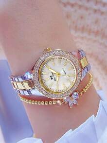 2PCS Fashion Luxury Diamond Inlaid Popular Women's Watch Set, Round Dial With Classic Diamond Inlaid Chain Bracelet, Fashionable And Charming, The First Choice For Women's Gifts - one-size - View 3