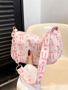 Bolso de hombro casual y versátil con estampado de lazo, color rosa - Rosa - Ver 2