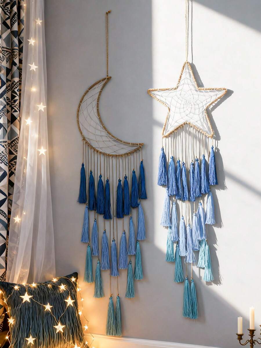 1 pieza Anillo de hierro con estrella y luna de tema de Ramadán con borla azul, decoración colgante, adorno de estrella y borla bohemio, estética vintage para sala, dormitorio y decoración festiva, arte de pared interior/exterior - Multicolor - Ver 1