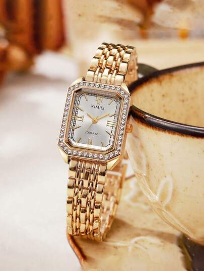 1 pieza Reloj de cuarzo elegante y de lujo con decoración de rhinestones, estilo minimalista y casual para mujeres, adecuado como regalo de cumpleaños, vacaciones o Día de San Valentín