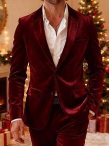 I FineLong 男士时尚休闲商务丝绒西装外套，秋冬款 - 酒紅色 - 查看 2