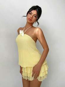 女士黄色低腰超短性感3D立体花卉吊带露背荷叶边迷你连衣裙，优雅时尚，适合日常通勤、派对、嘉年华、情人节、新年、海滩度假等夏季场合。 - 淡黃色 - 查看 7