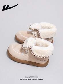 1 Pair WARRIOR Women's Thick Sole Cute Warm Soft Bottom Snow Boots, Casual Shoes, Low-Top Outdoor Flat Shoes, Round Toe Low Heel Solid Color Elegant Soft Bottom Furry Shoes, Flat Shoes, Women's Low-Top Leather Face Sports Skateboard Shoes, Elegant Shoes - Beige - View 3