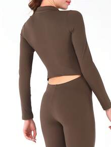 3 Pieces Of Women's Sports Solid Color POLO Collar Zipper Long Sleeved Slim Fit Jumpsuit, Suitable For Sports Yoga, Running, Fitness, Daily Leisure, And All Seasons - 咖啡棕 - 查看 4