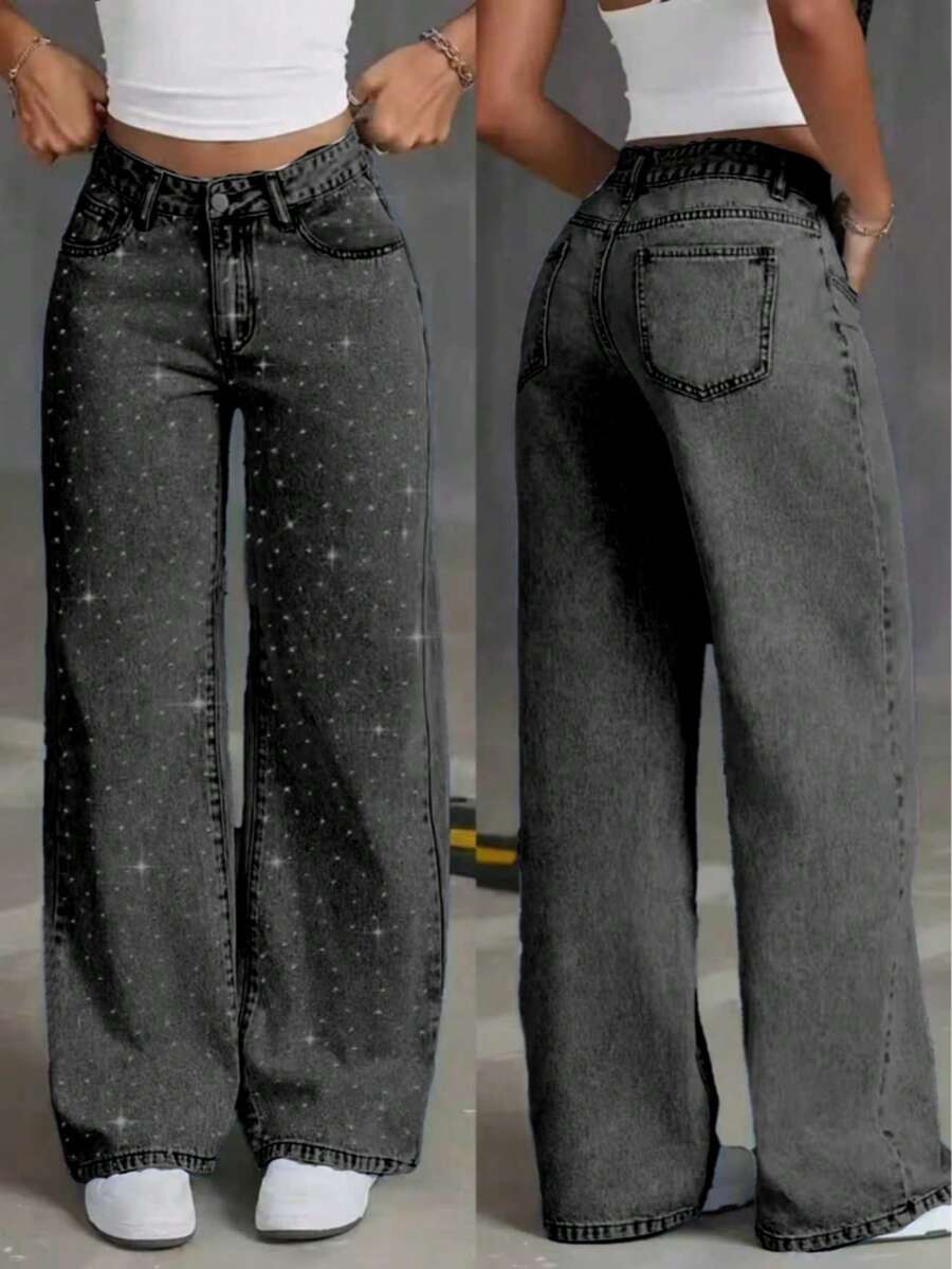 Jeans de pierna ancha con incrustaciones de strass con diseño de estrellas para mujer - Negro - Ver 1