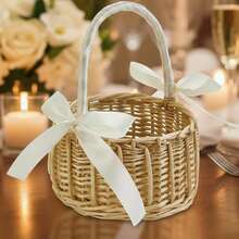 Cesta de flores tejida, elegante, rústica, con lazos, de gran capacidad, ligera y portátil para almacenamiento. - Blanco - Ver 3