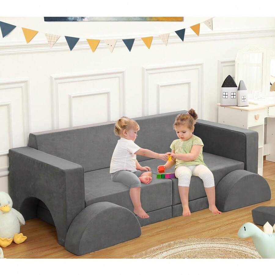 8 piezas plegable niños sofá niños convertible jugar fuerte sofá multifuncional para jugar creativo dormir gran imaginativo jugar sofá sofá para dormitorio y sala de juegos gris - Gris - Ver 1