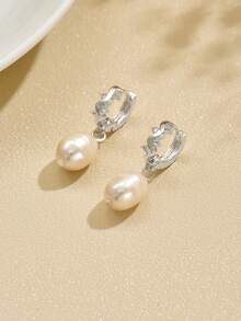 1 Pair Korean Minimalist Copper Inlaid Cubic Zirconia & Cultured Pearl Earrings For Women, Suitable For Weddings, Parties And Daily Wear - Silver - View 3
