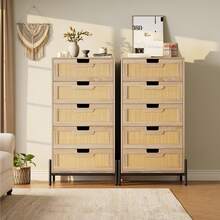 Cómoda alta de ratán con 5 cajones para dormitorio, organizador de almacenamiento para armario, sala de estar, pasillo y entrada, cómoda alta tipo torre. - color de madera natural - Ver 4