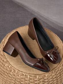 棕色漆皮双色方头蝴蝶结粗跟高跟鞋 – 5厘米 - 棕色 - 查看 2