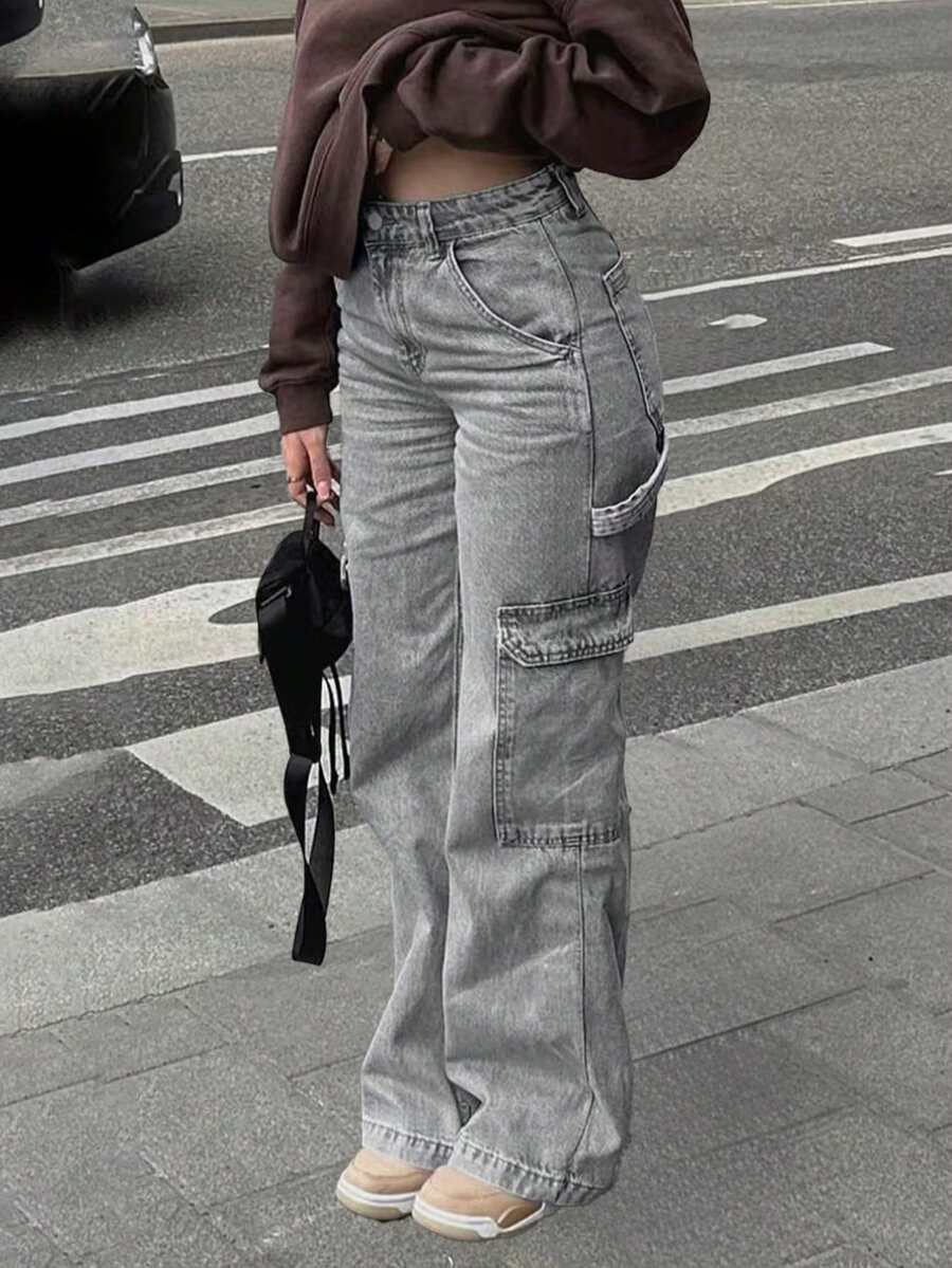 Women's Front Pocket Straight Leg Casual Jeans, Solid Color Minimalist Everyday Wear Jeans - 灰色 - 查看 1