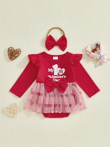 Vestido de San Valentín para niña, mono de tul con estampado de letras y corazones de manga larga y retazos con diadema - Rojo - Ver 5