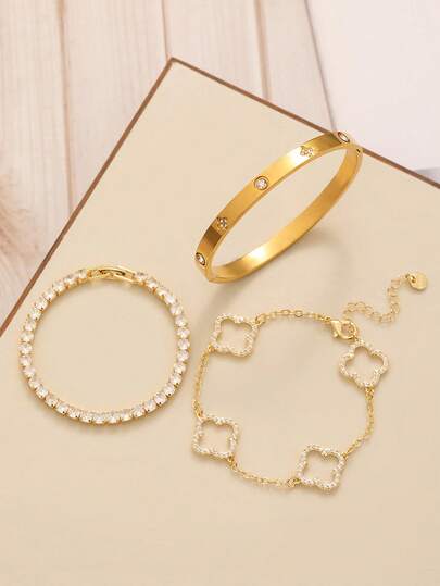 3pcs/Set Fashionable Vintage High-Quality Floral Zirconia Bracelet Set, Suitable For Party, Gathering, And Daily Wear